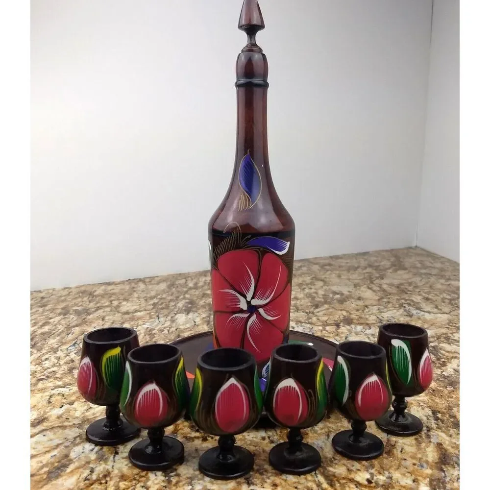 VTG Turned Wood Decanter Set w/ 6 Goblet Shot Glasses & Tray Hand Painted Floral